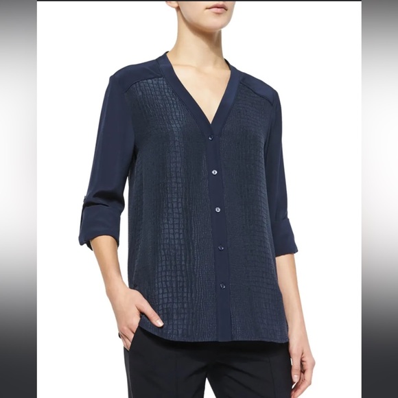 Vince Navy Long-Sleeve Crocodile-Embossed Blouse Size S - Picture 2 of 11